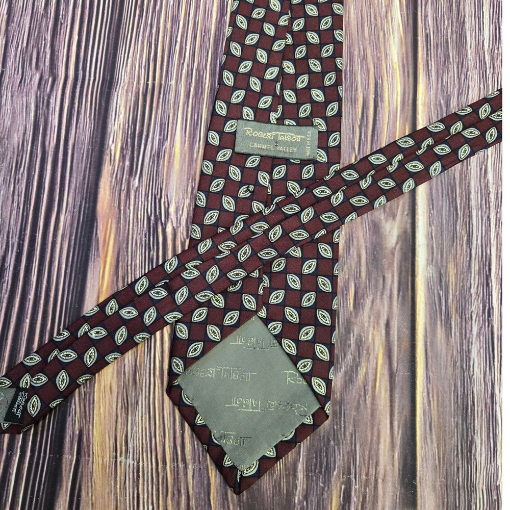 Robert Talbott Necktie Mens OS Burgundy Navy Geometric Leaf Silk Carmel Valley